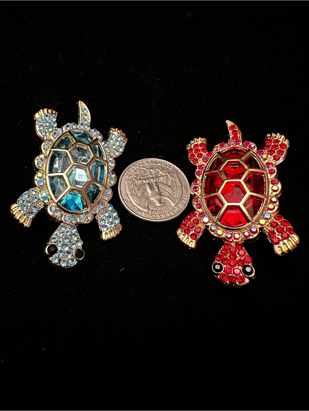 Crystal Turtle Brooches - Blue & Red Rhinestone Set